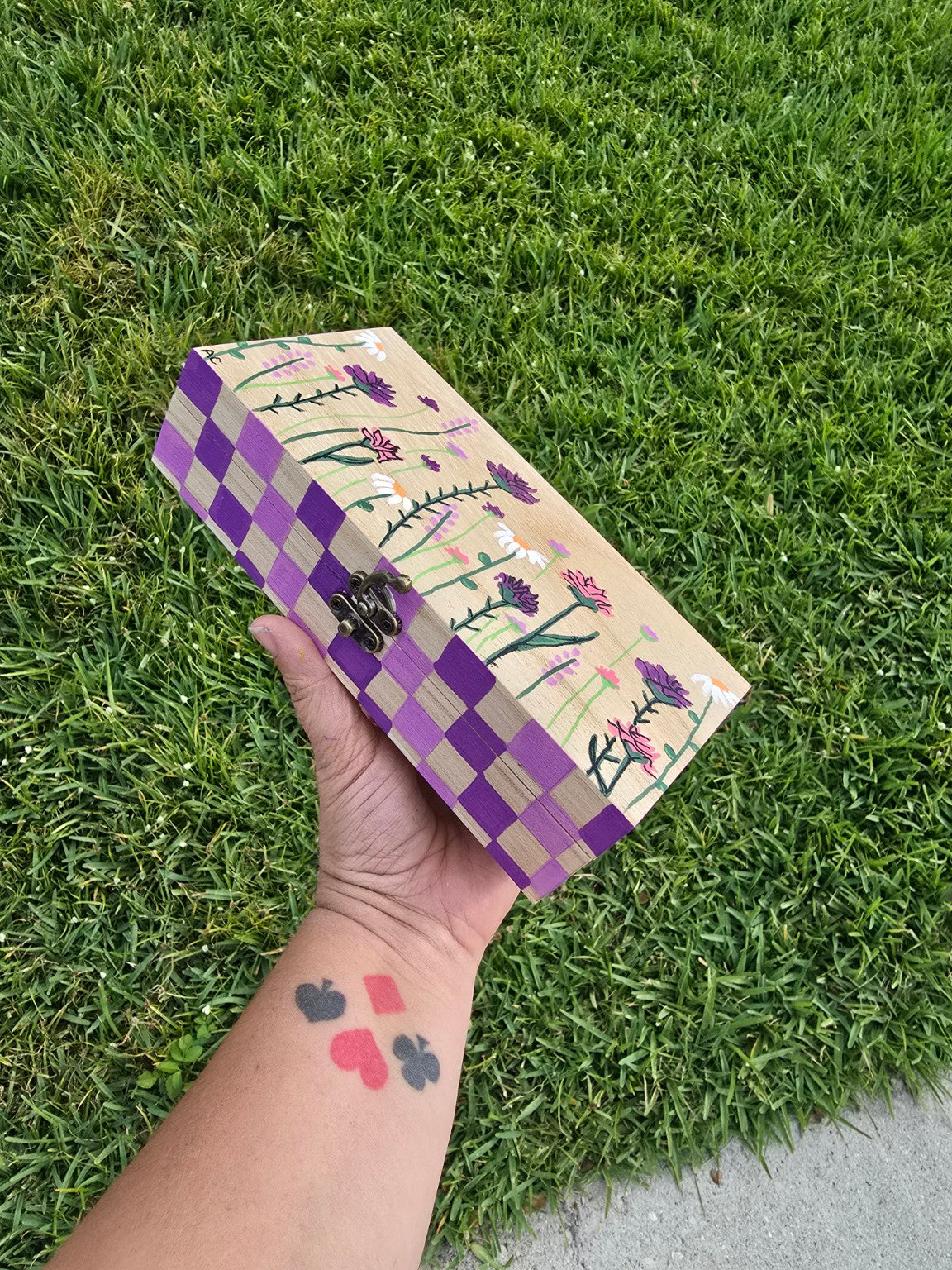 Hand-Painted Keepsake Box - Purple Checkered Floral