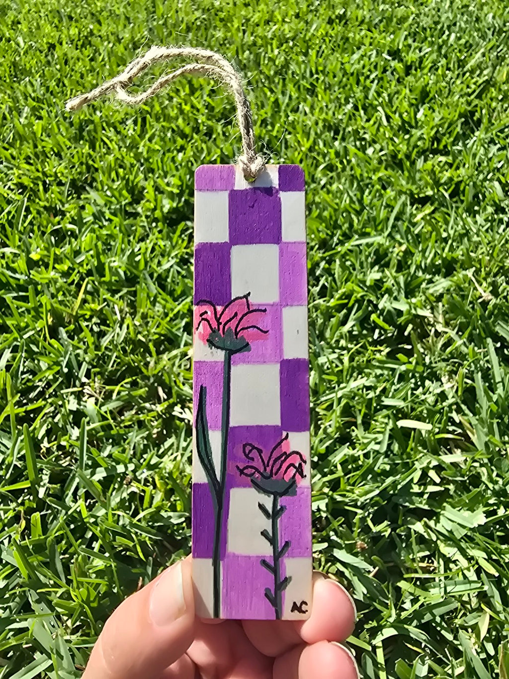 Hand-Painted Floral on Wood - Purple Checkered