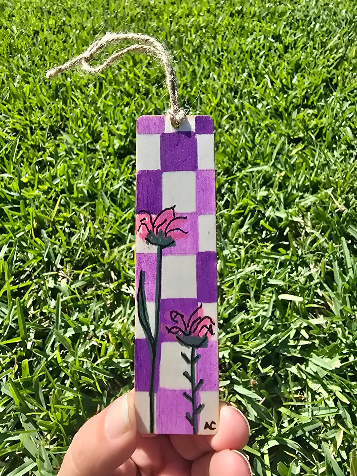 Hand-Painted Floral on Wood - Purple Checkered
