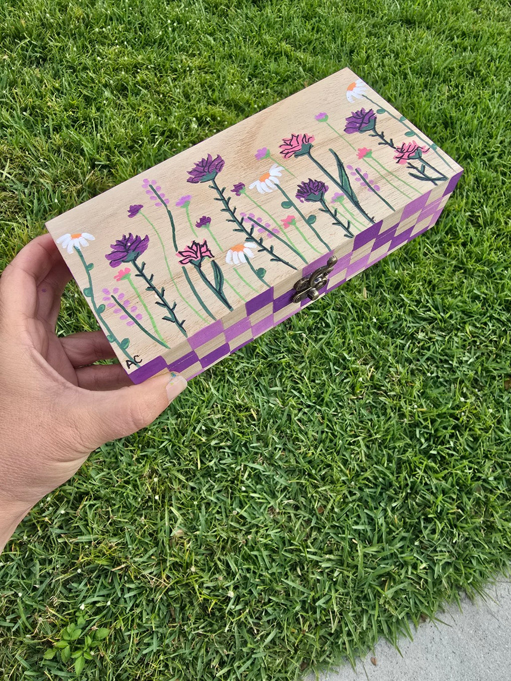 Hand-Painted Keepsake Box - Purple Checkered Floral