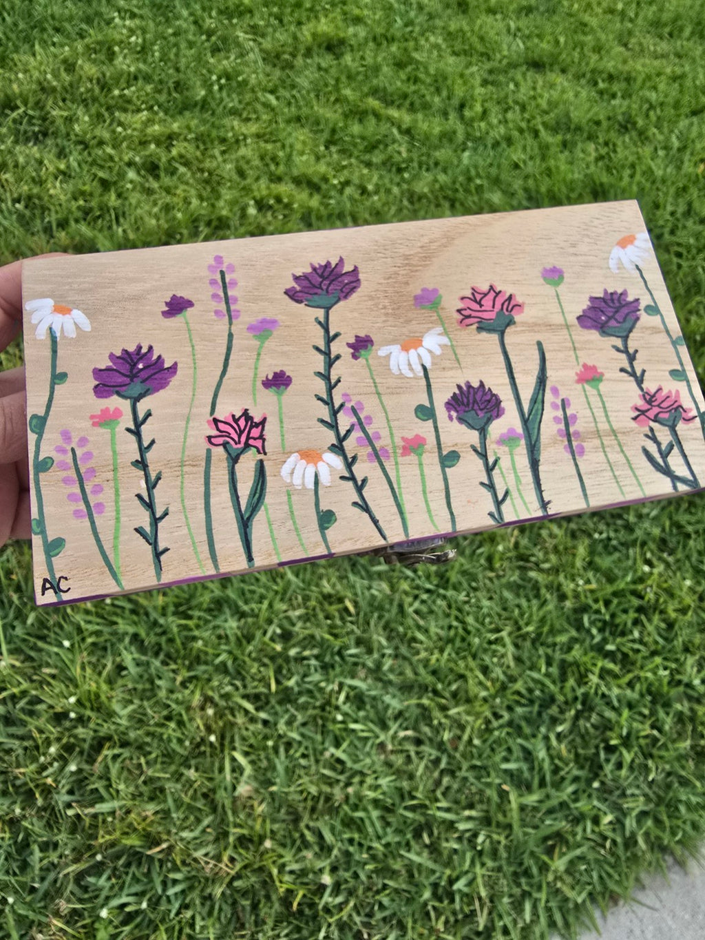 Hand-Painted Keepsake Box - Purple Checkered Floral