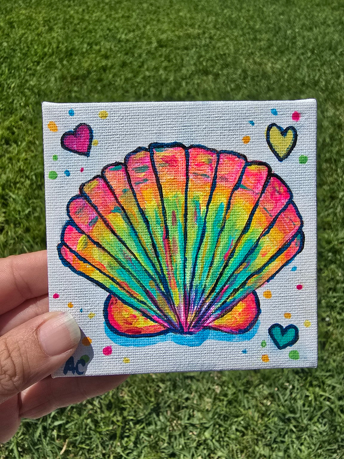 Hand-Painted 4x4 Canvas – Rainbow Seashell