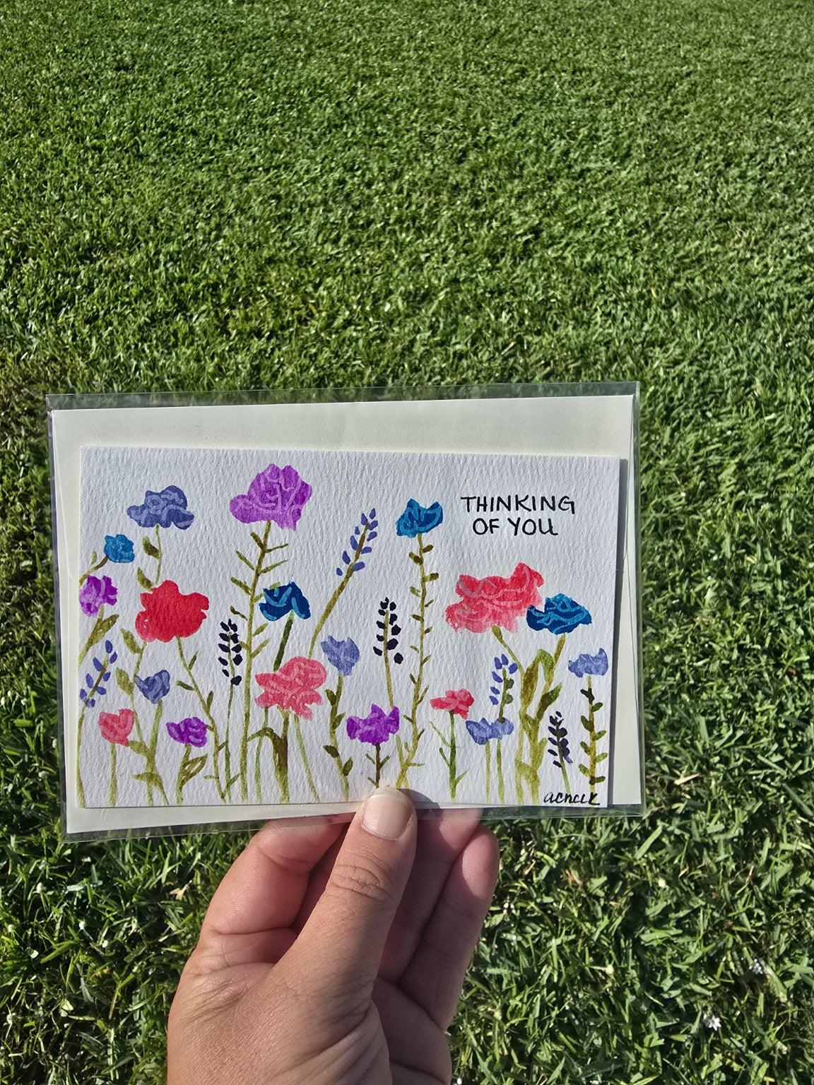 Hand-Painted “Thinking of You” Floral Greeting Card – Blank Inside