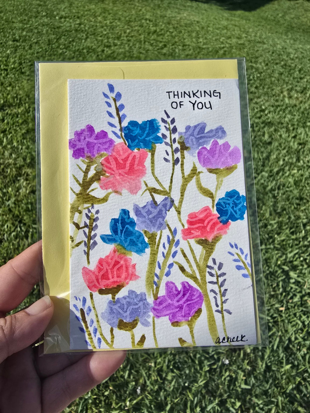 Hand-Painted “Thinking of You” Floral Greeting Card – Blank Inside