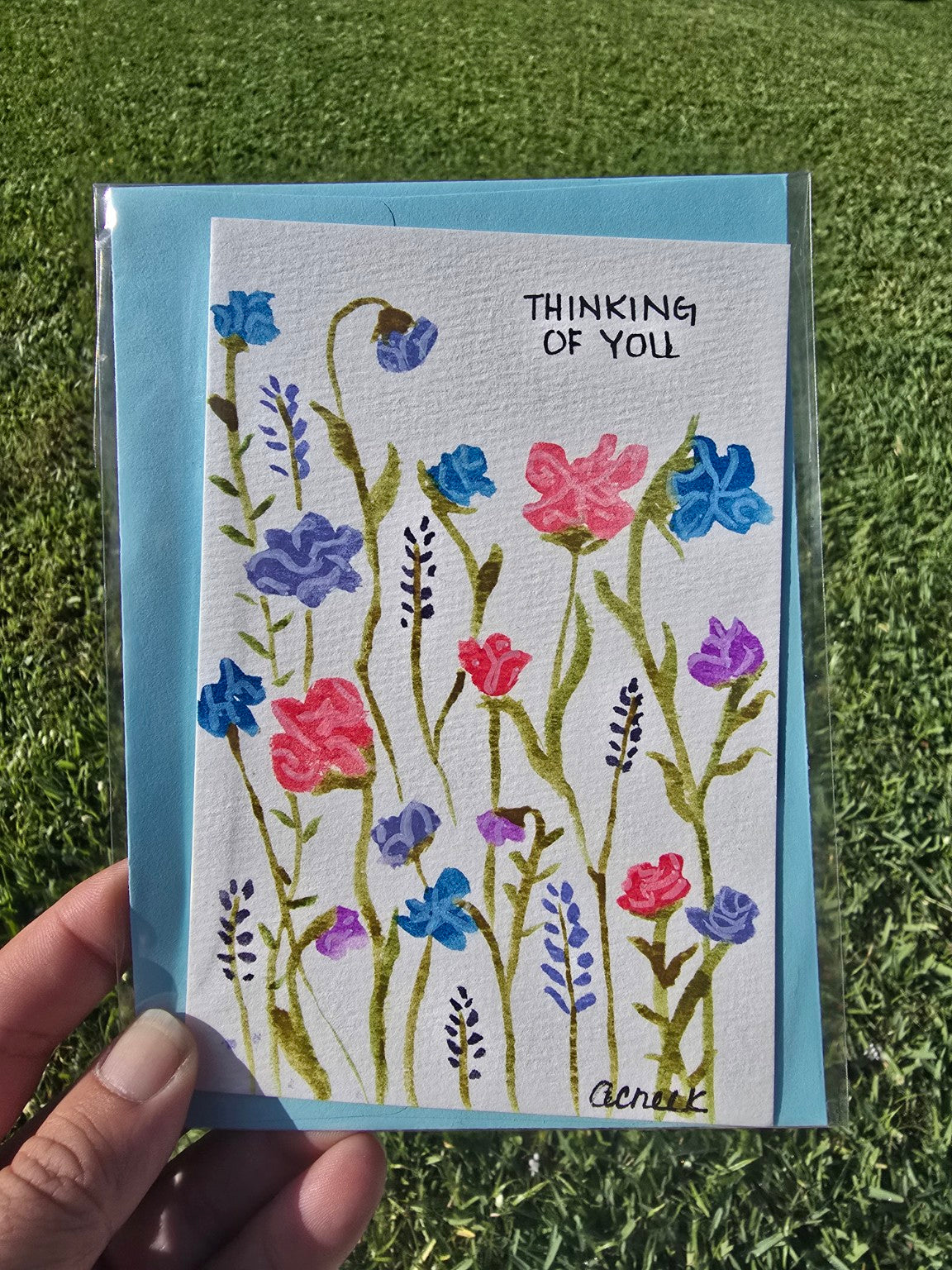 Hand-Painted “Thinking of You” Floral Greeting Card – Blank Inside