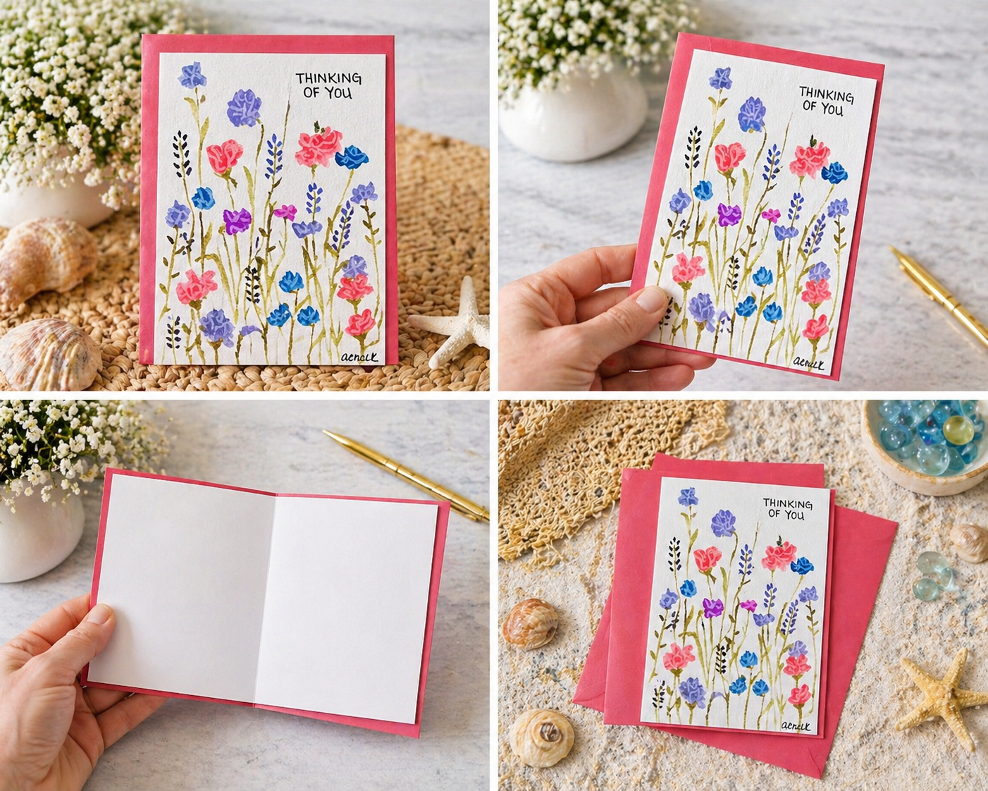 Hand-Painted “Thinking of You” Floral Greeting Card – Blank Inside