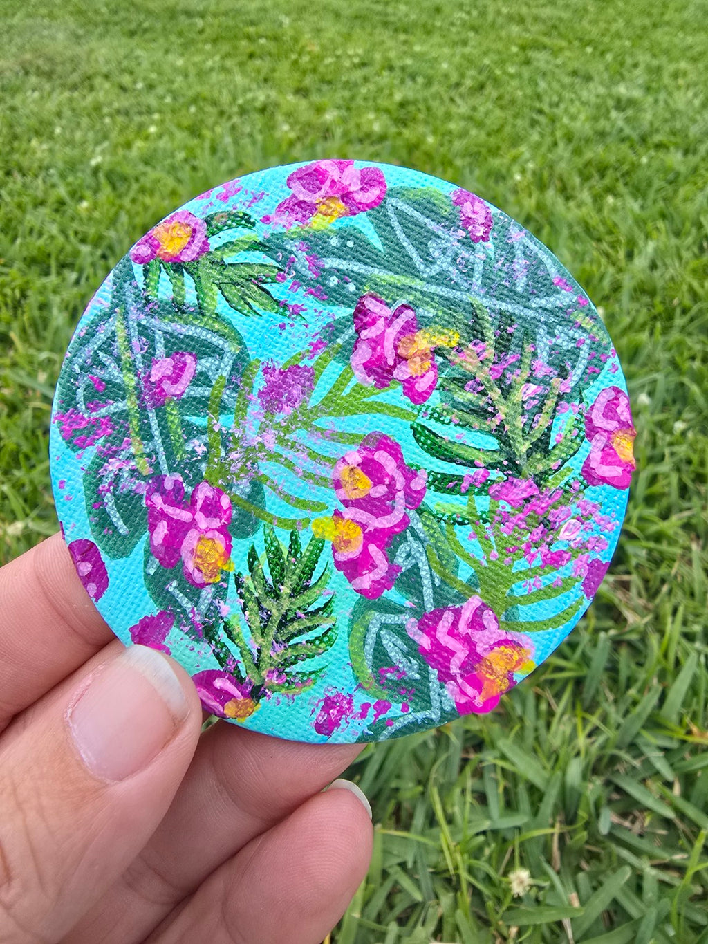 Hand-Painted Circle Magnet – Tropical Floral Abstract