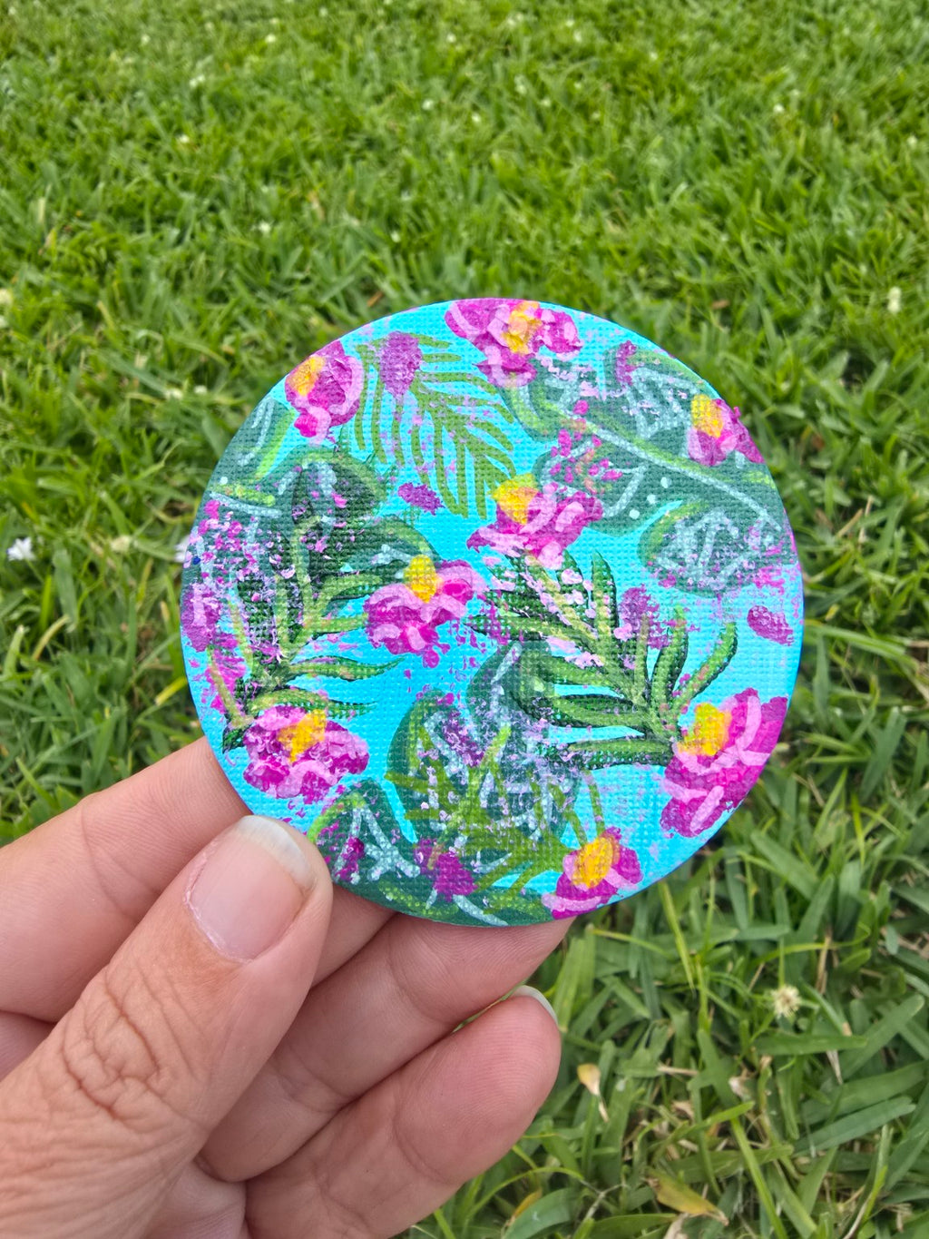 Hand-Painted Circle Magnet – Tropical Floral Abstract