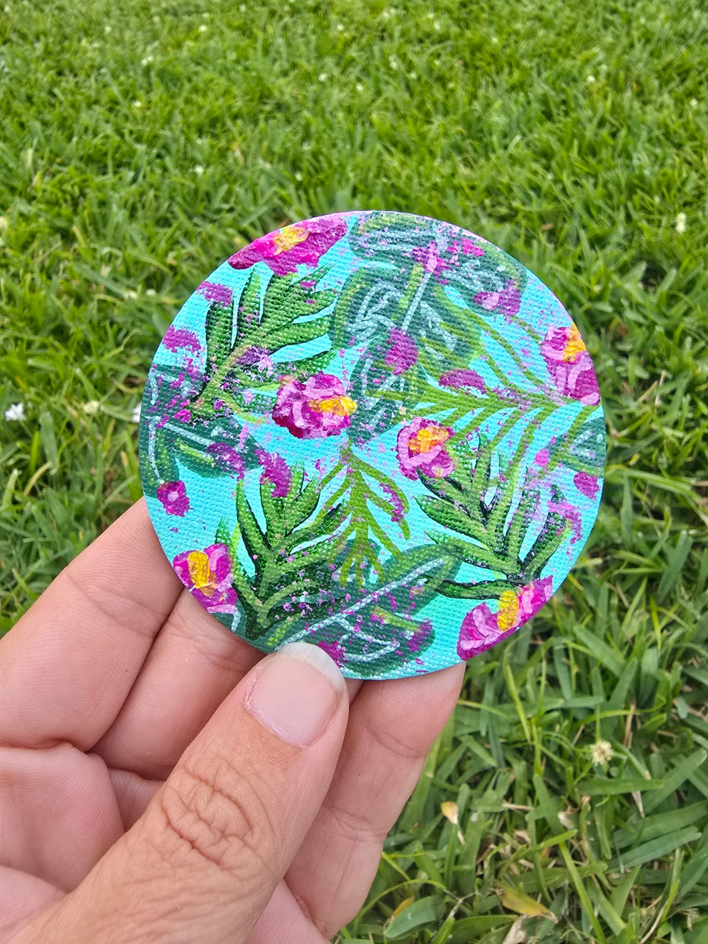 Hand-Painted Circle Magnet – Tropical Floral Abstract