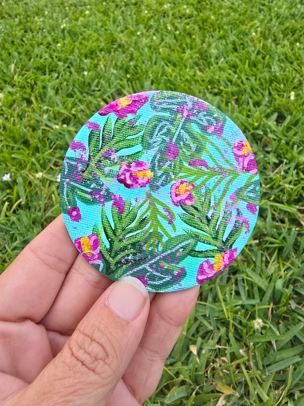 Hand-Painted Circle Magnet – Tropical Floral Abstract