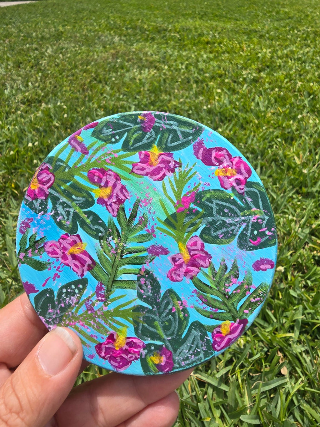 Hand-Painted Coaster – Tropical Floral Abstract