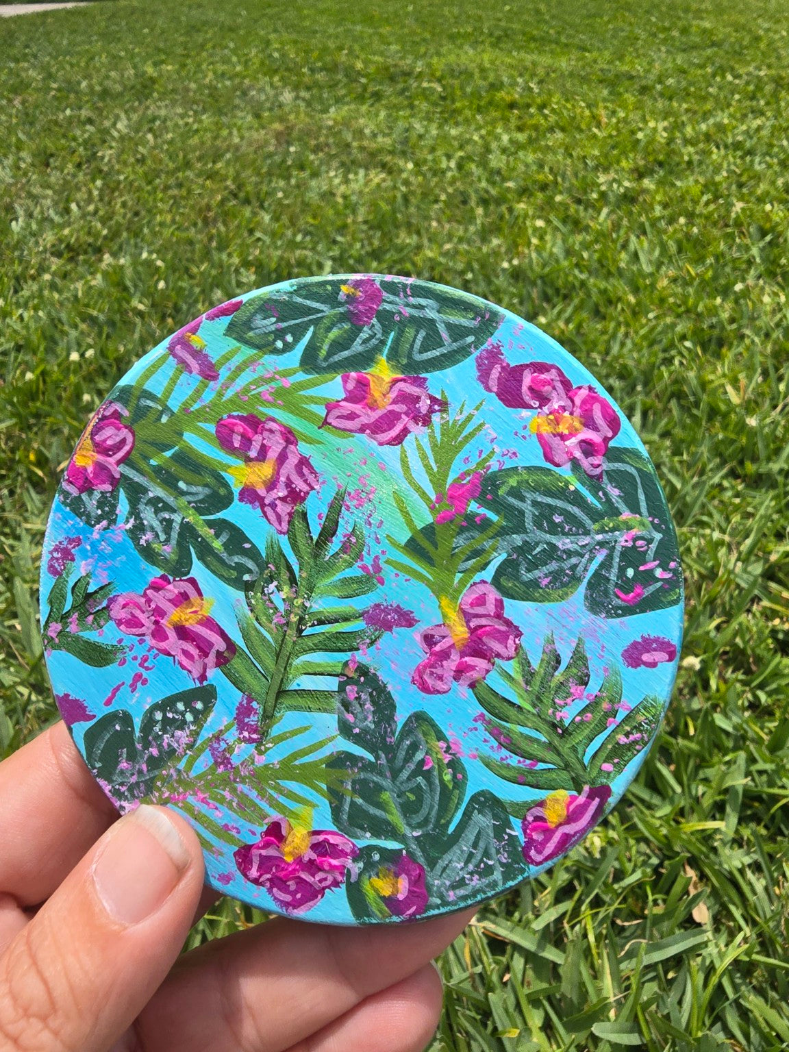 Hand-Painted Coaster – Tropical Floral Abstract
