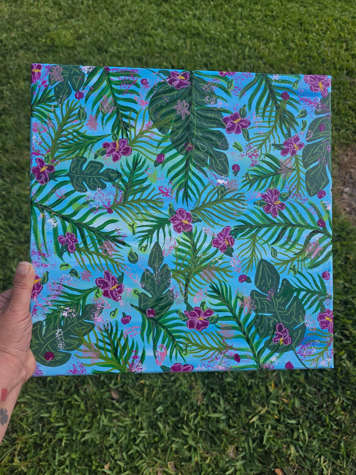 Original Canvas Art – Tropical Floral Abstract (14x14)