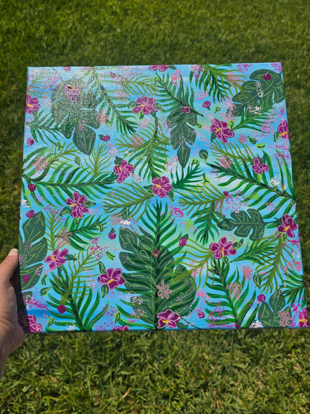 Original Canvas Art – Tropical Floral Abstract (14x14)