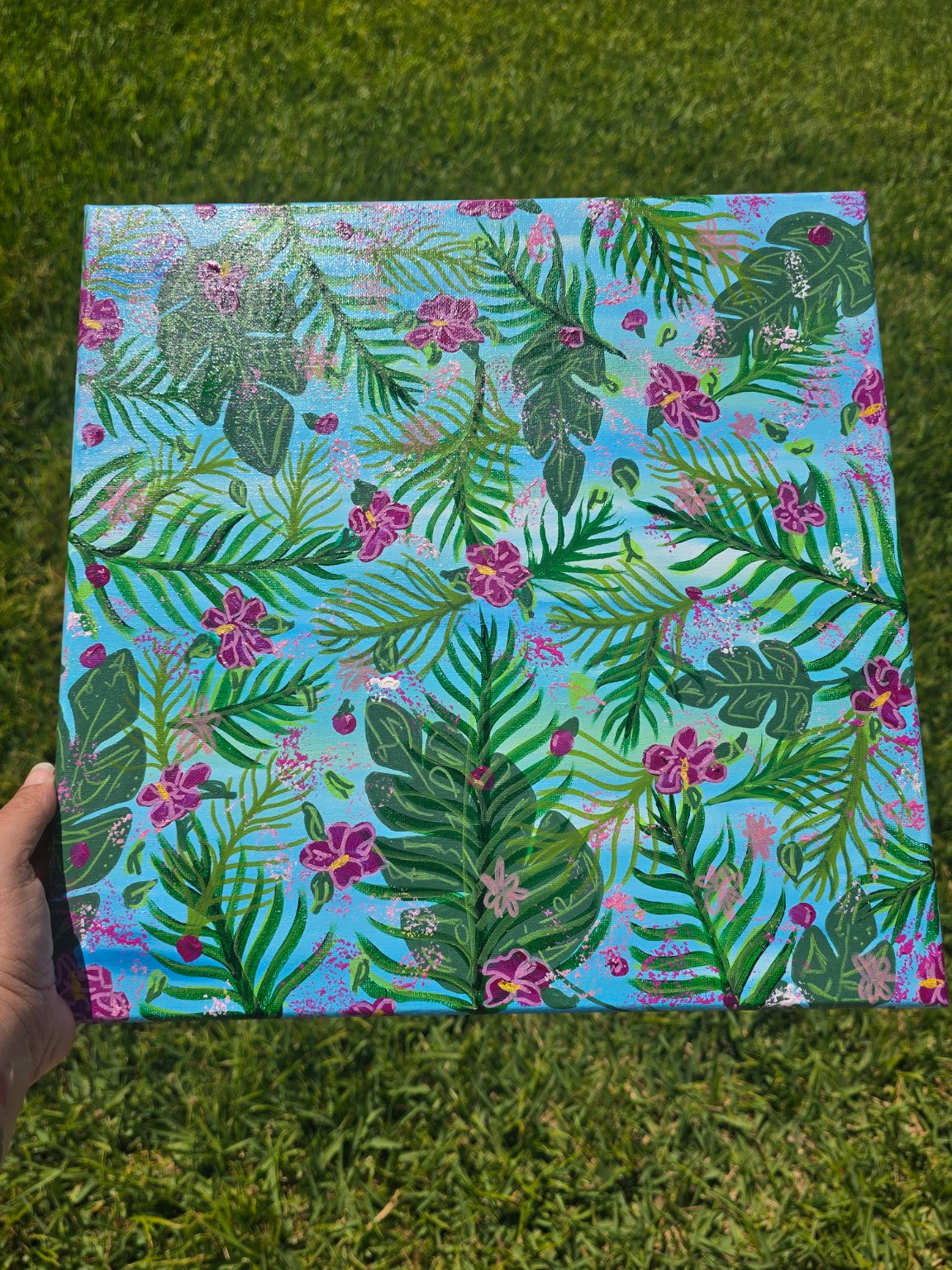 Original Canvas Art – Tropical Floral Abstract (14x14)