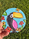 Hand-Painted Circle Magnet – Tropical Toucan Bloom