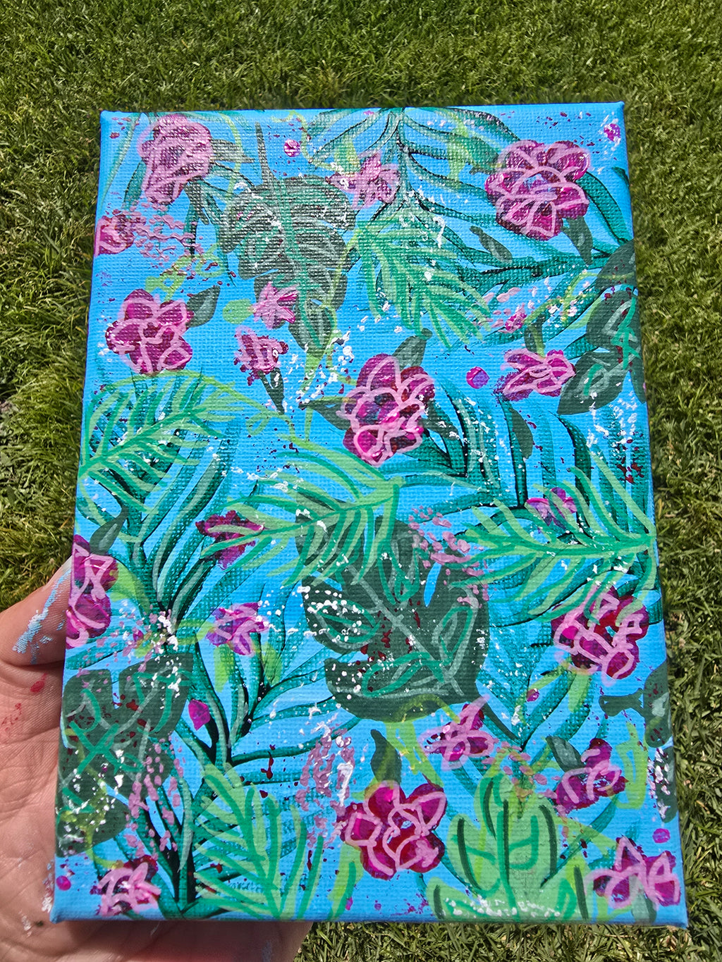 Tropical Floral Abstract Canvas Painting | Bright Pink & Green Botanical Art | Original 5x7