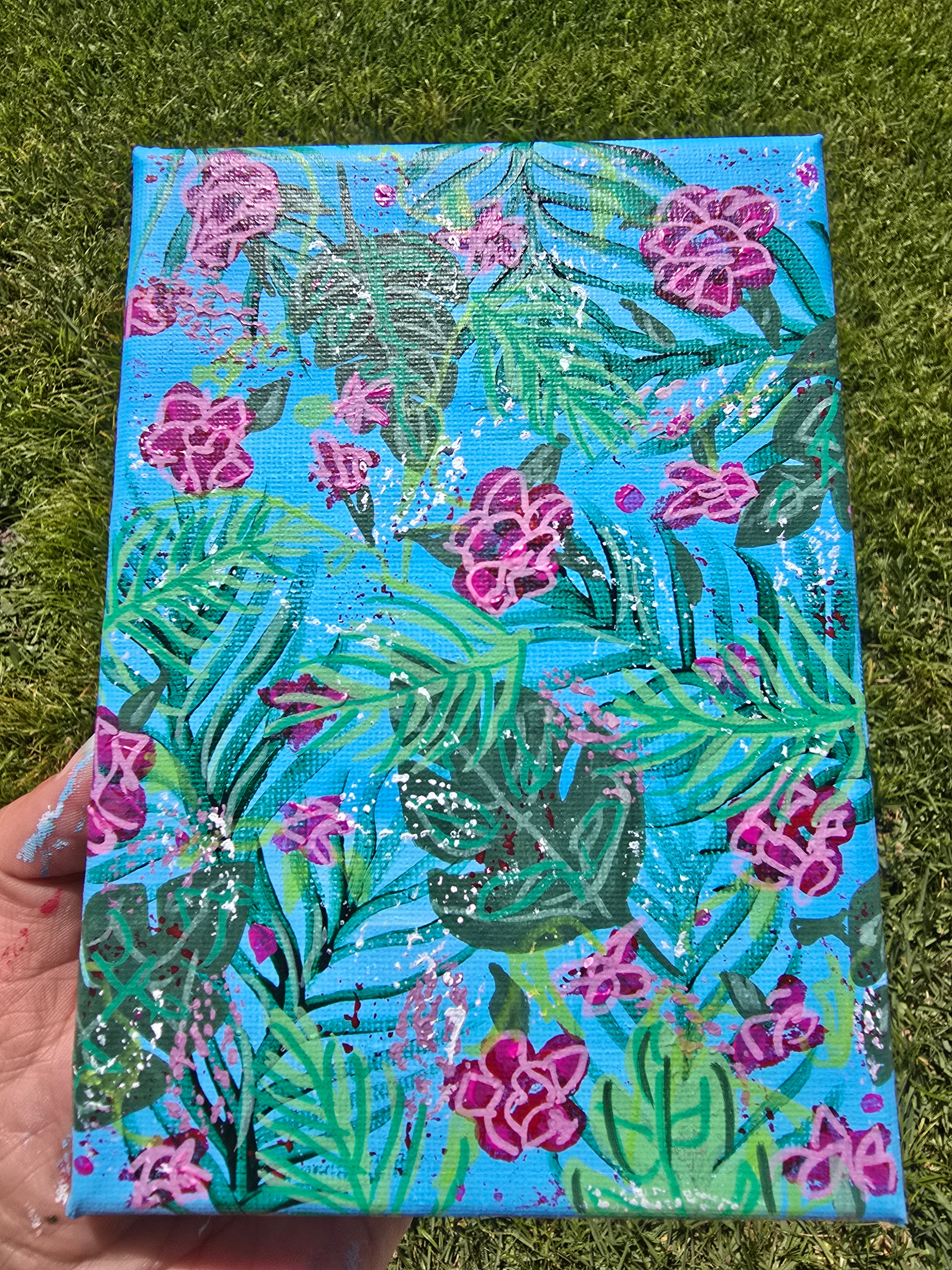 Tropical Floral Abstract Canvas Painting | Bright Pink & Green Botanical Art | Original 5x7