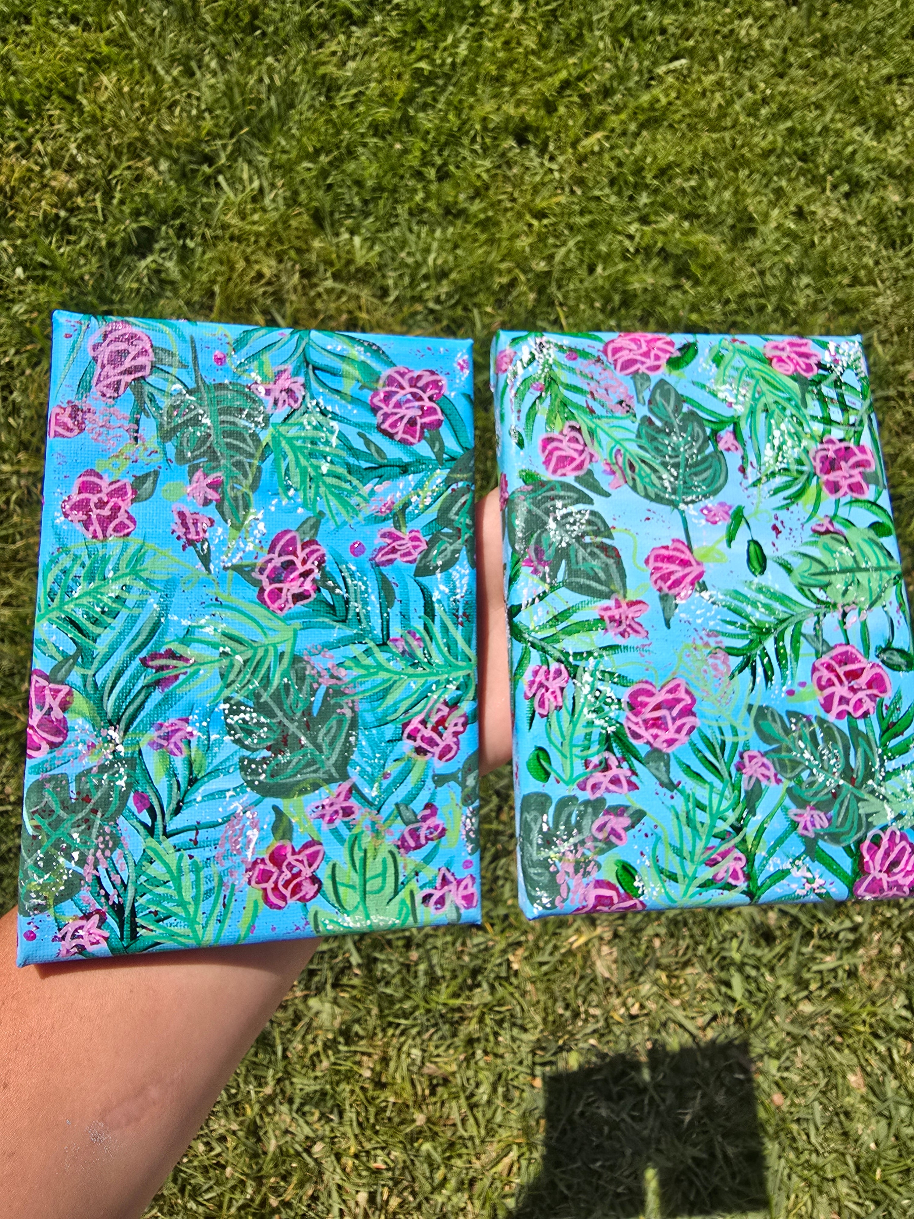 Tropical Floral Abstract Canvas Painting | Bright Pink & Green Botanical Art | Original 5x7