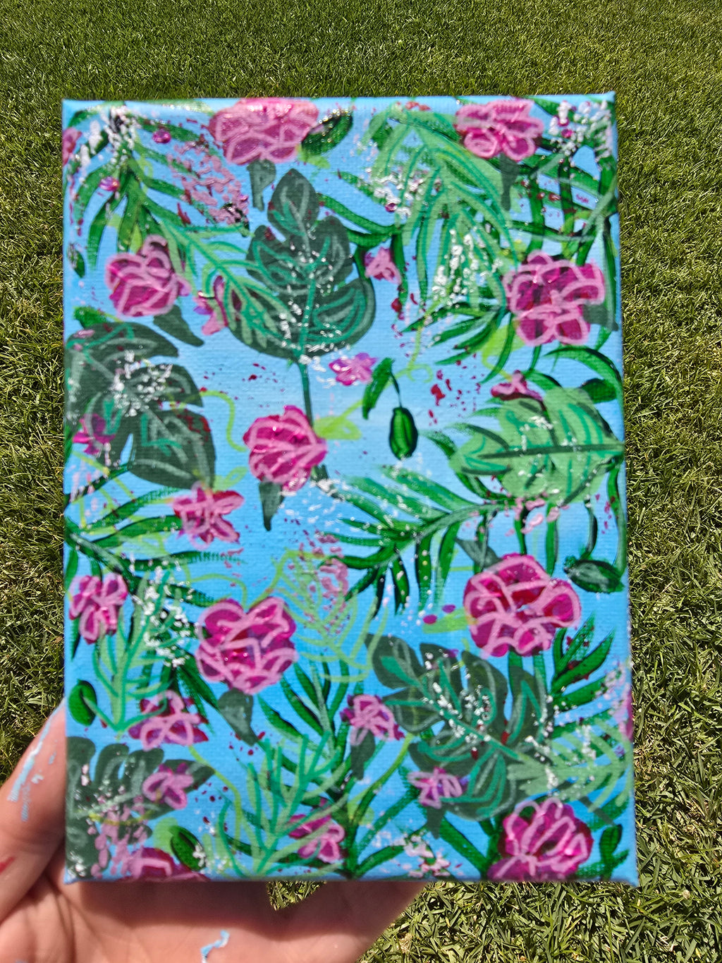 Tropical Floral Abstract Canvas Painting | Bright Pink & Green Botanical Art | Original 5x7
