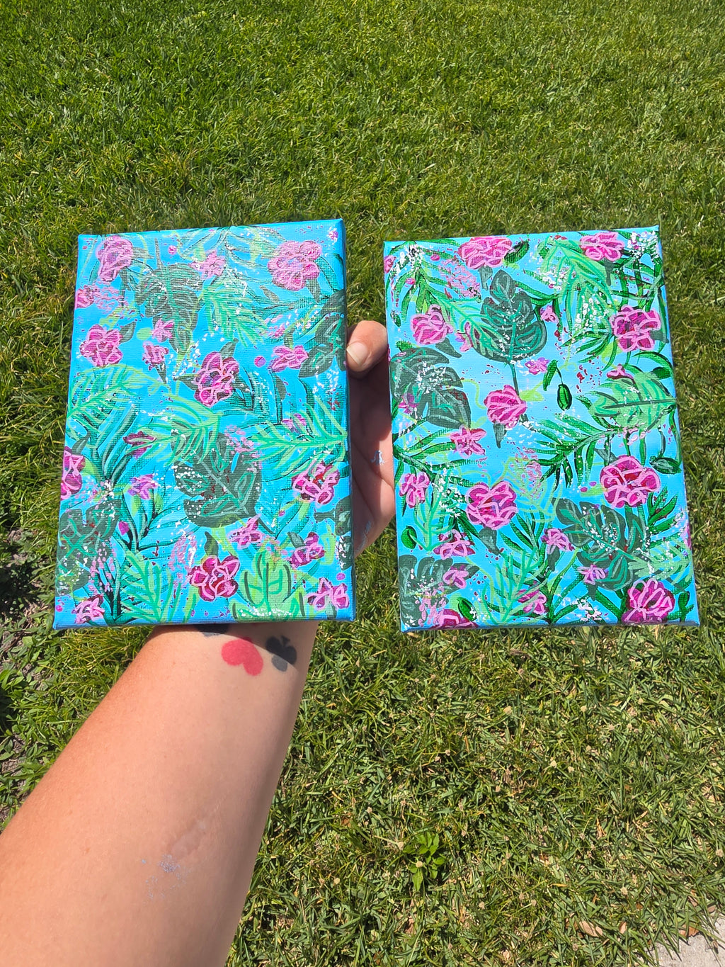 Tropical Floral Abstract Canvas Painting | Bright Pink & Green Botanical Art | Original 5x7